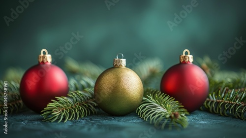 Close up of a christmas tree branch with colorful glass ornaments on dark blue background