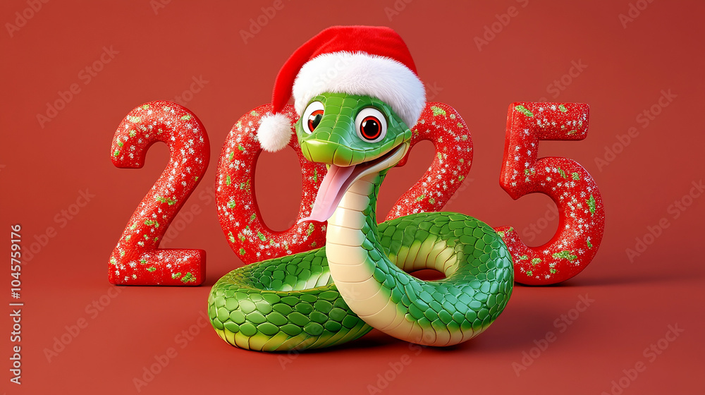 Fototapeta premium Symbol of the new year 2025, a snake in a Santa Claus hat. Red and green color. New Year banner.