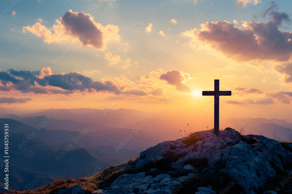 wooden cross at the top of mountain in sunrise wooden cross at the top of mountain in sunrise