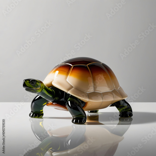 Realistic glass sculpture of a desert tortoise in a walking stance, featuring a brown and beige gradient shell, set against a warm sandy dune background, generative ai photo