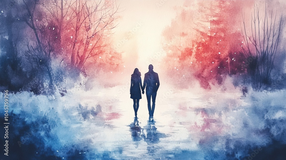 A couple walks hand in hand on a misty path, surrounded by ethereal trees and a colorful, dreamy sky A couple walks hand in hand on a misty path, surrounded by ethereal trees and a colorful, dreamy sky
