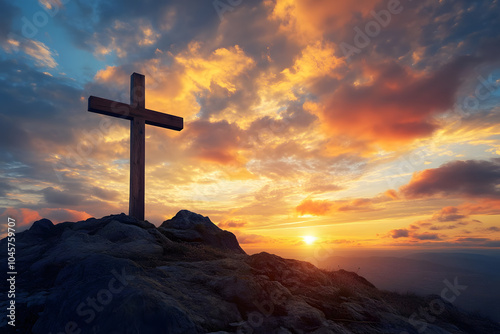 wooden cross at the top of mountain in sunrise