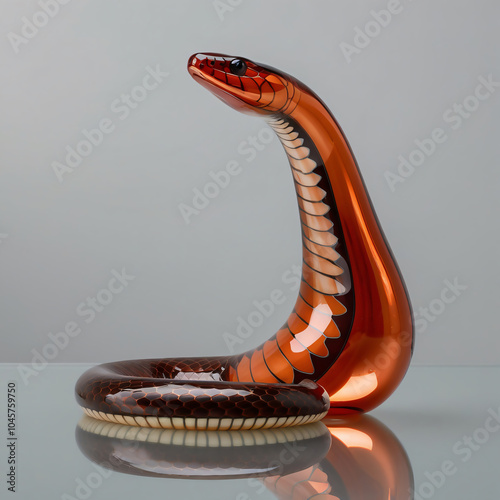 Realistic glass sculpture of a copper-headed snake in a coiled posture, featuring amber and brown gradients, set on a reflective surface against a neutral gray backdrop, generative ai. photo