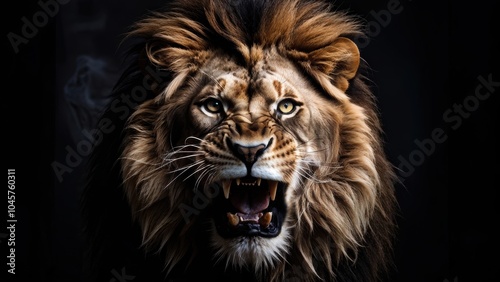 A fierce lion with a roaring expression, showcasing its powerful presence and majestic features.