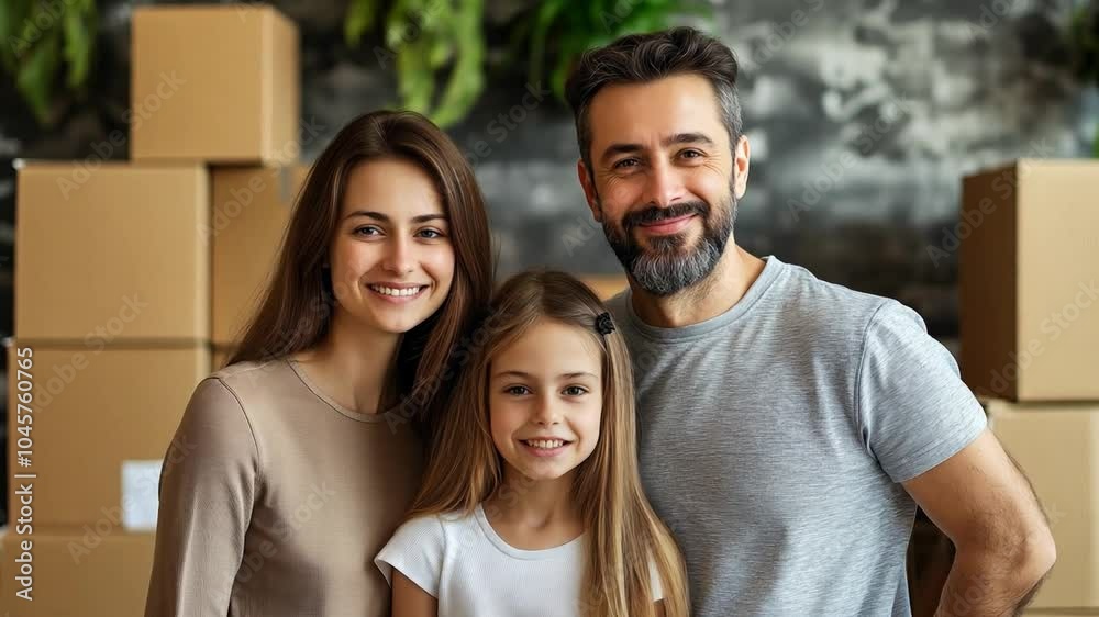 A smiling family stands together in a warm indoor space filled with unpacked boxes, celebrating their recent move A smiling family stands together in a warm indoor space filled with unpacked boxes, celebrating their recent move