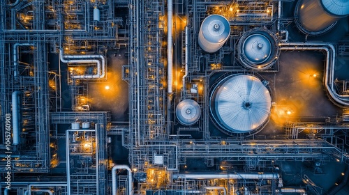 Aerial view of an industrial complex with intricate piping and tanks.