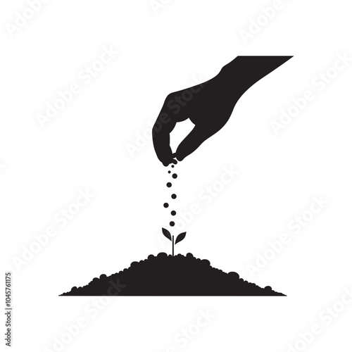 A clean silhouette depicts a hand gently dropping seeds into dark, fertile soil, while a small plant begins to grow. Vector illustration. AI generated.