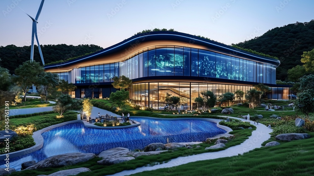 Fototapeta premium Modern building with large windows overlooking a landscaped courtyard with a pool.