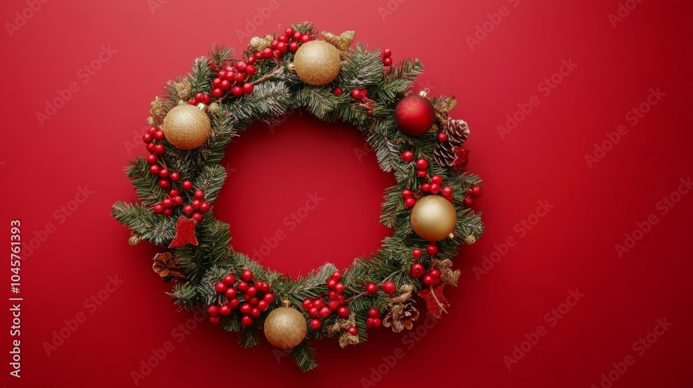 This decorative wreath features lush green foliage, vibrant red berries, and gleaming gold and red ornaments, all set against a striking red backdrop, capturing the essence of festive holiday cheer. This decorative wreath features lush green foliage, vibrant red berries, and gleaming gold and red ornaments, all set against a striking red backdrop, capturing the essence of festive holiday cheer.