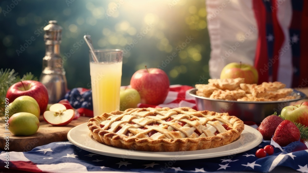 A festive table setting featuring a pie, fruits, and drinks, ideal for a celebration. A festive table setting featuring a pie, fruits, and drinks, ideal for a celebration.
