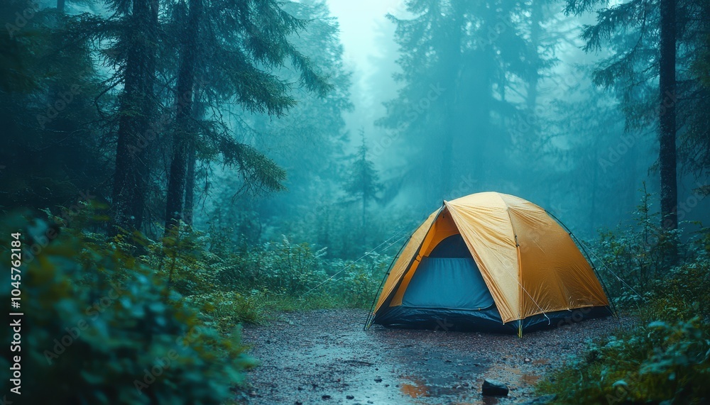 Cozy orange tent set amidst a tranquil forest during a misty morning Cozy orange tent set amidst a tranquil forest during a misty morning