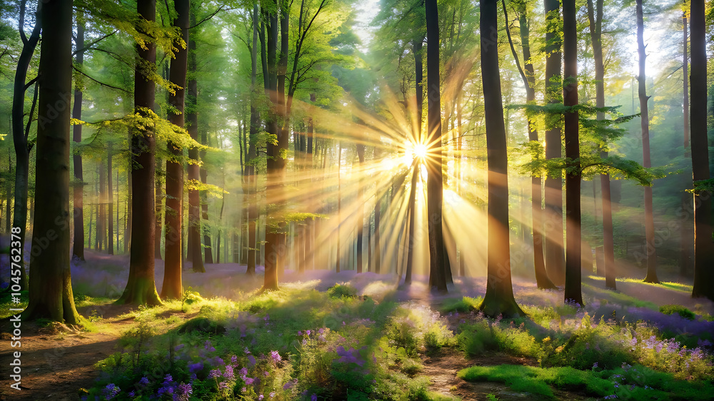 Fototapeta premium Beautiful atmospheric image of a spring or summer forest with sunbeams filtering through the trees, capturing the magic and mystery of wild nature in the morning light.