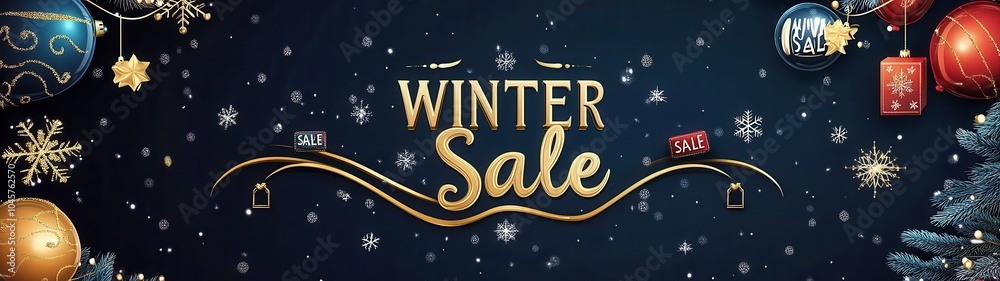 Winter sale festive banner with elegant text surrounded by glittering snowflakes and decorative ornaments showcasing holiday shopping theme Winter sale festive banner with elegant text surrounded by glittering snowflakes and decorative ornaments showcasing holiday shopping theme