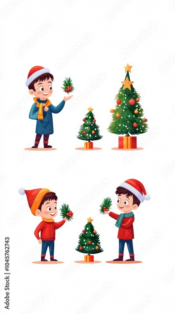 Two boys in winter attire enjoying the holiday spirit while decorating small Christmas trees with festive ornaments Two boys in winter attire enjoying the holiday spirit while decorating small Christmas trees with festive ornaments