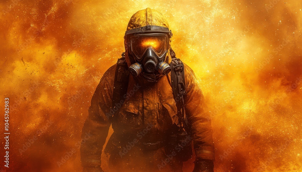 Fearless firefighter in protective gear facing flames during a dramatic rescue Fearless firefighter in protective gear facing flames during a dramatic rescue