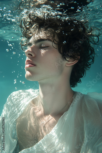 handsome young man with curly black hair underwater