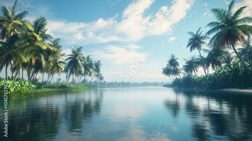 A serene backwater scene with coconut trees lining the banks, and calm waters reflecting the blue sky and surrounding greenery.
