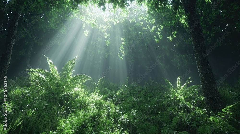 A serene forest scene with rays of sunlight piercing through the dense canopy, illuminating the misty ground covered in lush greenery. A serene forest scene with rays of sunlight piercing through the dense canopy, illuminating the misty ground covered in lush greenery.
