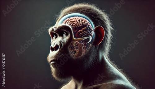Cross-section view of a prehistoric human ancestor showing brain anatomy