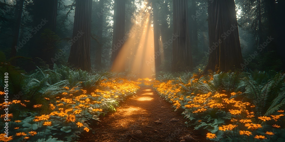 Obraz premium Natural walkway in a refreshing and beautiful forest. The sunlight beams to the ground, conveying a sense of calm and positive energy. It can be used to inspire relaxation and connecting with nature.