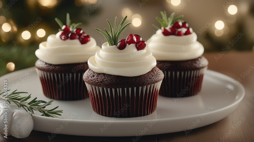A collection of festive cupcakes featuring white frosting and chocolate snowflake toppers, beautifully presented in elegant packaging, perfect for holiday celebrations A collection of festive cupcakes featuring white frosting and chocolate snowflake toppers, beautifully presented in elegant packaging, perfect for holiday celebrations