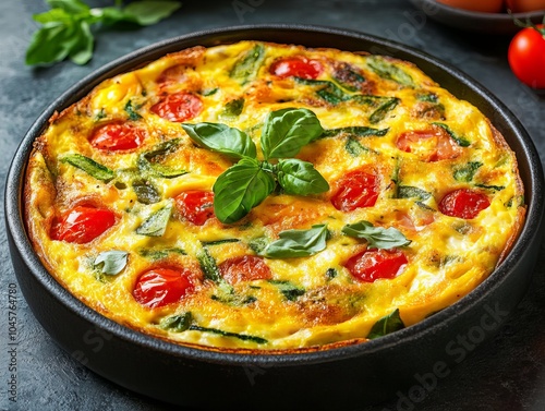 Frittata. The most popular Italian dishes. Round, thick omelette, often with visible vegetables. Composition: Eggs, vegetables (like spinach or zucchini), cheese, herbs.