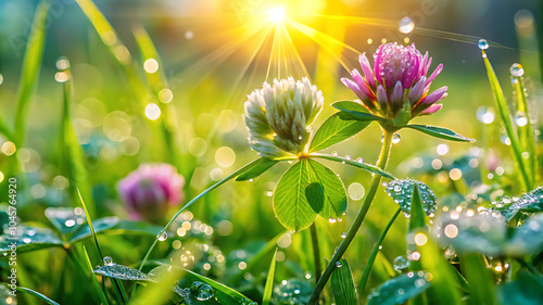 Beautiful nature background featuring fresh grass and clover leaves covered in dewdrops, captured outdoors in the early morning of spring or summer in a close-up macro view.