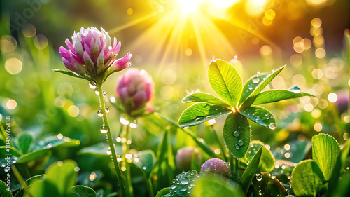 Beautiful nature background featuring fresh grass and clover leaves covered in dewdrops, captured outdoors in the early morning of spring or summer in a close-up macro view.