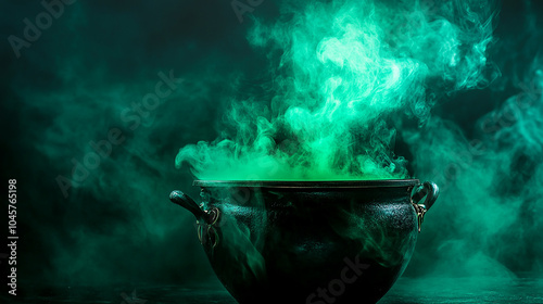 A dark, large pot, filled with glowing green smoke. Spooky atmosphere.