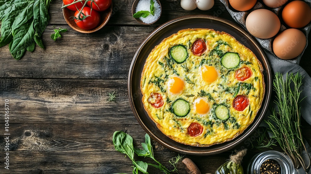 Frittata. The most popular Italian dishes. Round, thick omelette, often with visible vegetables. Composition: Eggs, vegetables (like spinach or zucchini), cheese, herbs. Frittata. The most popular Italian dishes. Round, thick omelette, often with visible vegetables. Composition: Eggs, vegetables (like spinach or zucchini), cheese, herbs.