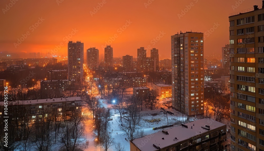 Fototapeta premium Distant storm clouds loom over a snowy urban landscape at night