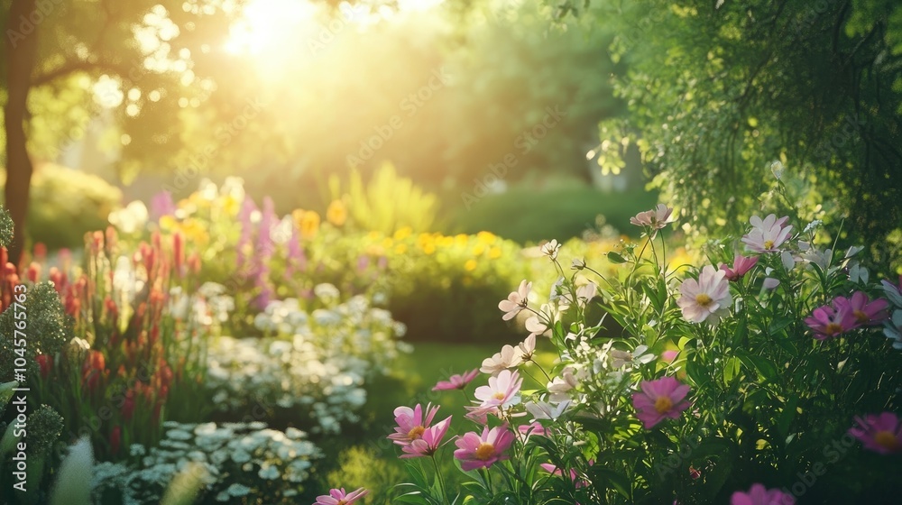 A tranquil garden bathed in soft afternoon sunlight with blooming flowers.