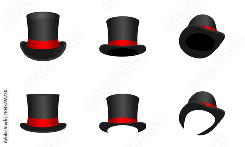 magician's hat set with red ribbon. vector illustration isolated on white background.