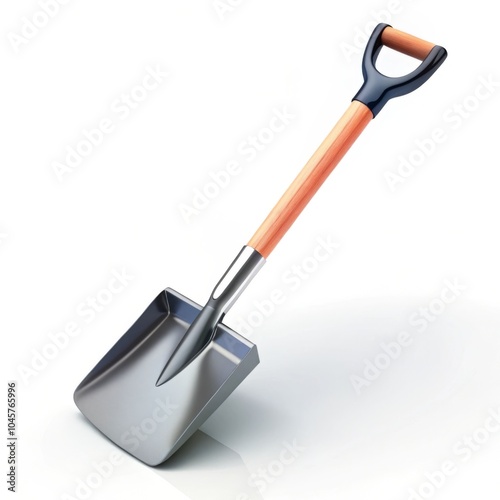 Shiny metal shovel with a wooden handle on a white background, symbolizing construction and agriculture. Ready for digging and gardening work, it balances strength and functionality