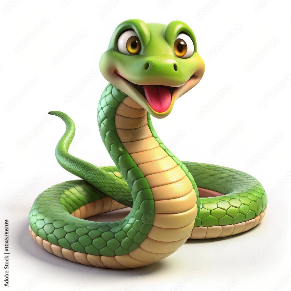 Adorable green cartoon snake with large eyes, a big smile, and a playful expression Adorable green cartoon snake with large eyes, a big smile, and a playful expression
