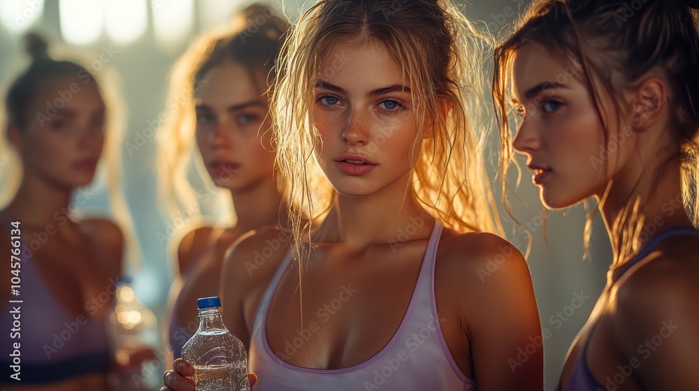 Fototapeta premium Four young women in athletic wear stand together in a gym, with one holding a water bottle. They are looking at the camera with determined expressions. 