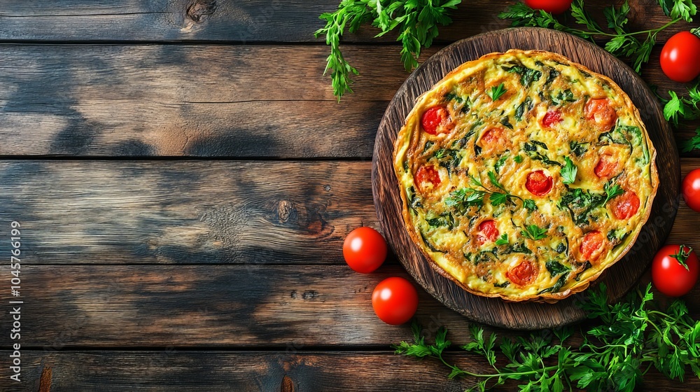 Frittata. The most popular Italian dishes. Round, thick omelette, often with visible vegetables. Composition: Eggs, vegetables (like spinach or zucchini), cheese, herbs.