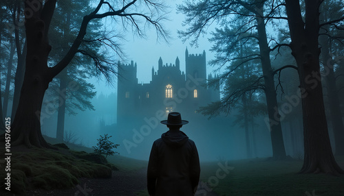 Mysterious silhouette of man in hat standing in foggy forest facing eerie castle at twilight