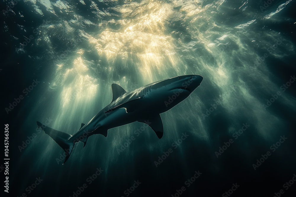 Fototapeta premium A shark glides through illuminated waters, showcasing marine beauty and mystery.
