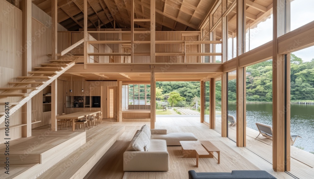 Stylish Japandi living room with wooden accents and lake view in tranquil setting Stylish Japandi living room with wooden accents and lake view in tranquil setting
