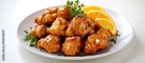 A plate of orange chicken with a side of orange slices. photo