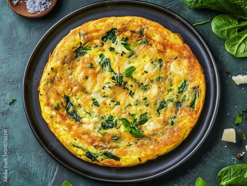 Frittata. The most popular Italian dishes. Round, thick omelette, often with visible vegetables. Composition: Eggs, vegetables (like spinach or zucchini), cheese, herbs.