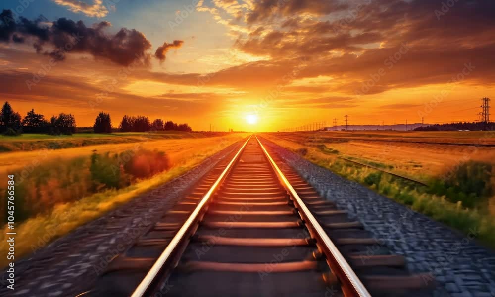 railway tracks in summer landscape at sunset
