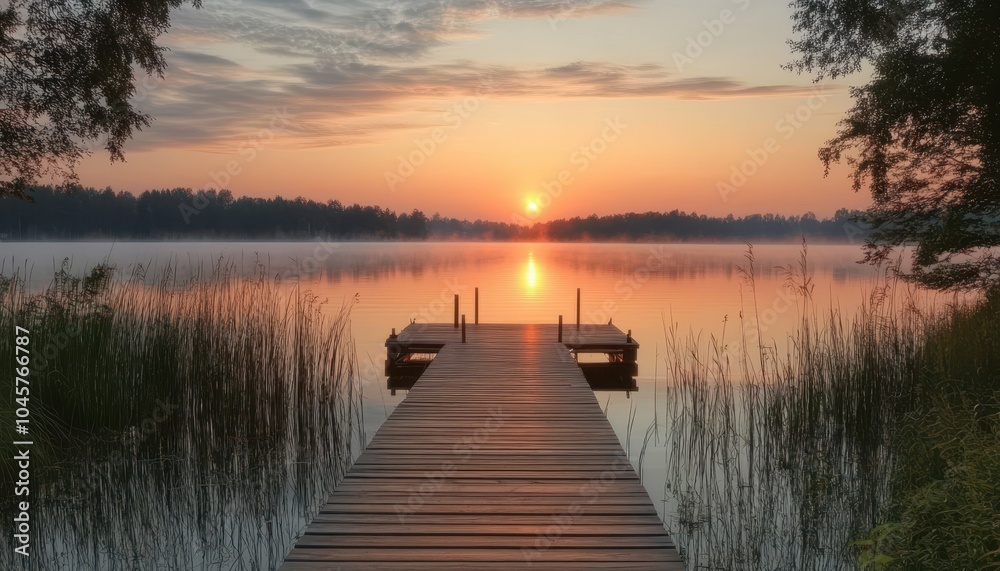 Obraz premium Serene sunset view from a flat dock overlooking a tranquil lake