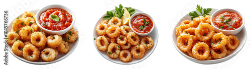 Realistic plates of fried calamari with dipping sauce isolated on transparent background perfect for seafood or snack-themed designs