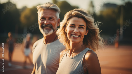 Sporty elderly couple in the park on the sports ground. Beautiful woman and man doing sports exercises. Healthy lifestyle concept