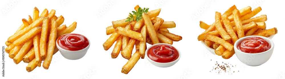 Realistic plates of french fries with ketchup isolated on transparent background perfect for fast food or snack-themed designs Realistic plates of french fries with ketchup isolated on transparent background perfect for fast food or snack-themed designs