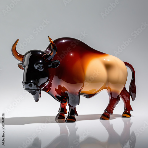 Sleek Glass Bison Sculpture with Amber and Brown Gradient, Intricate Details on Glossy White Surface, Lifelike Artistic Design, generative ai