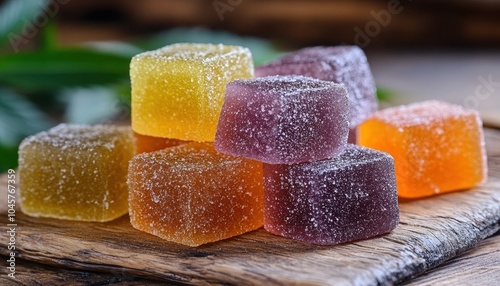 Colorful cannabis CBD-infused rainbow gummy candies displayed on wooden surface photo