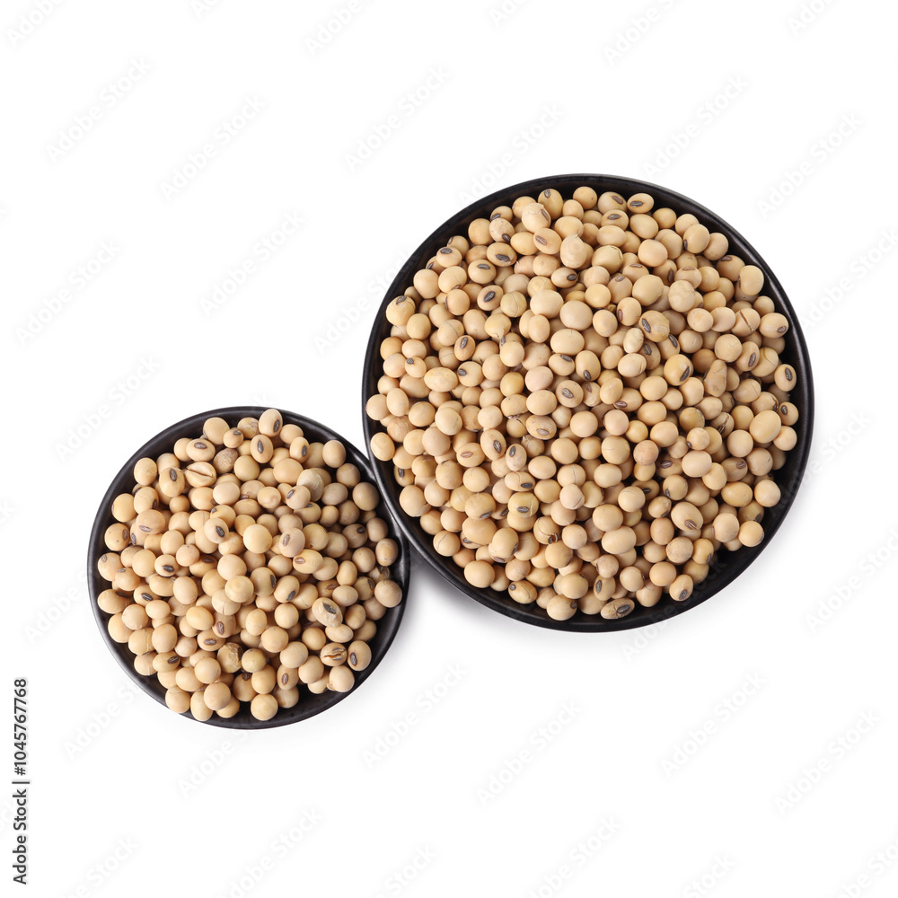 Soy beans in bowls isolated on white, top view Soy beans in bowls isolated on white, top view